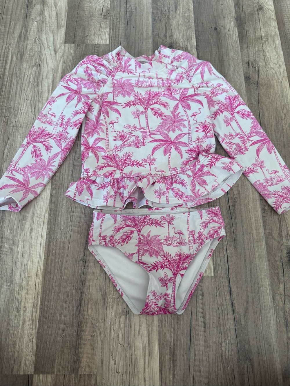 Girls Pink Tropical Print Long-Sleeve Rash Guard Swim Set